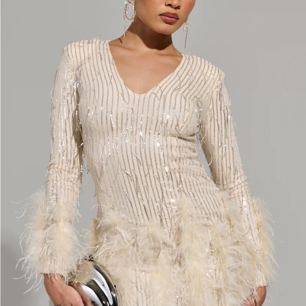 AKIRA Cream Sequin Feather-Trimmed Dress